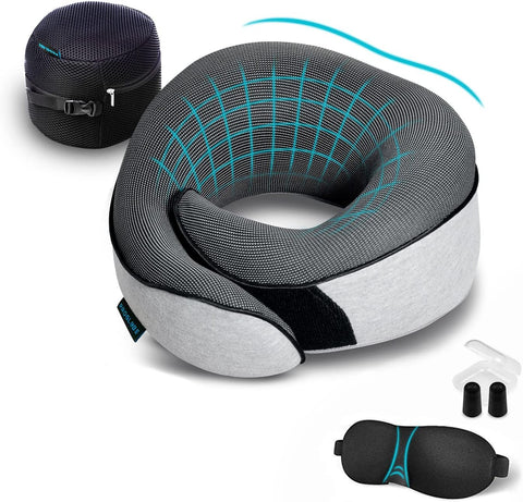 Proglobe Travel Pillow, Memory Foam Neck Pillow Set and Luxury Mesh Bag (Grey)- new but eye mask missing, scruffy packaging