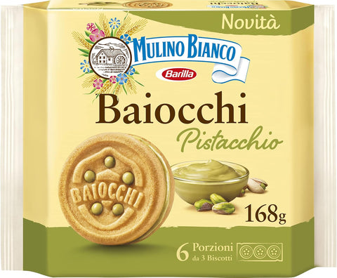 Mulino Bianco Baiocchi Pistachio Biscuits, 6 Servings of 3 Biscuits, 168gr, best before 29/09/25
