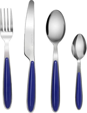 EXZACT Cutlery Set of 16, Stainless Steel with Color Handles Blue- used good, marks on knives blades, no original packaging