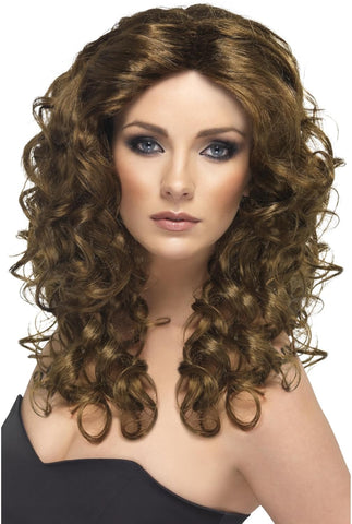 Smiffys Glamour Wig, Brown Long, Curly, Ladies Glamour Wigs Fancy Dress- new but opened box