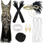 1920s Sequin Beaded Fringed Dress with Roaring 20s Accessories Set size M  refurbished  (ref tt130)