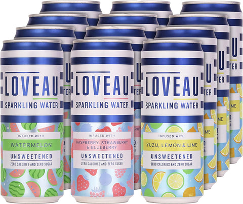 LOVEAU Sparkling Water - Infused with Real Fruit- Mixed Pack- 12 x 330ml Cans, best before 01/25