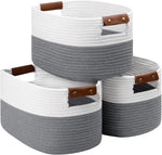 Patvingot Woven Cotton Rope Storage Basket with Detachable Leather Handles (White/ Grey, 3 Pack) New but scruffy box