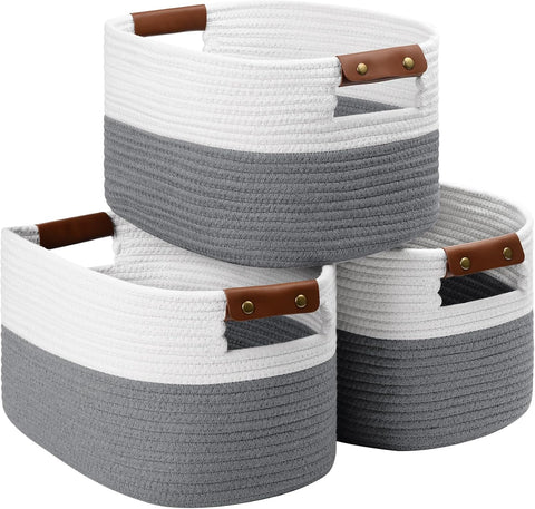 Patvingot Woven Cotton Rope Storage Basket with Detachable Leather Handles (White/ Grey, 3 Pack) New but scruffy box