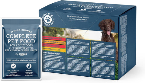 by Amazon Complete Food for Adult Dogs, Meat Selection in Gravy 12 Packs x 100g- best before 04/03/26- damaged box and taped