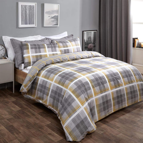 Dreamscene Denim Check Duvet Cover with Pillowcase Reversible Tartan Bedding Set , single , ochre , new scruffy pack