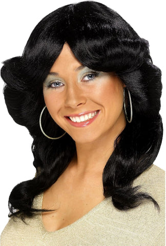 Smiffys 70s Flick Wig, Black Long, Wavy and Layered, New but open, scruffy box