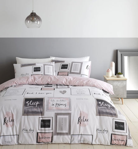 Catherine Lansfield Sleep Dreams Reversible King Duvet Cover Set with Pillowcase Blush Pink- new but broken packaging/ small stain due to package being broken