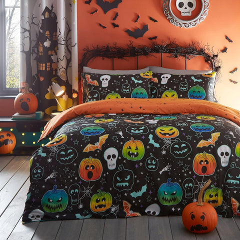 Bedlam Halloween Pumpkin & Skulls Duvet Cover, Single, Reversible (2 Designs) New