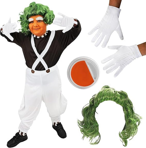 Boys Chocolate Factory Worker Fancy Dress Costume size large childs, used very good, one very small mark on leg, missing eyebrows, scruffy packaging