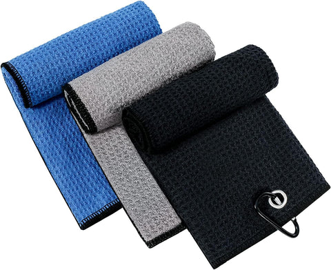 KCDMBUE Golf Towels, 3  Pack with Carabiner Clip, (Black/Gray/Blue)- new but open/scruffy bag