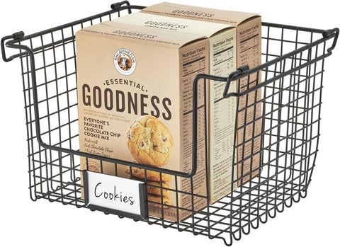 iDesign Wire Storage Basket, Extra Large Metal Basket with Handles, Black- new but 1 handle slightly misshapen, paper label bent, scruffy bag