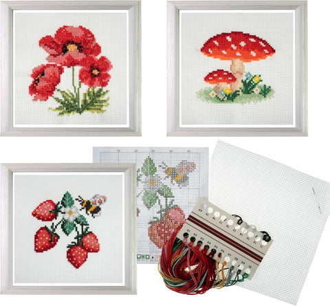 Trimits 3PK Cross Stitch Bundle â€“ Counted Embroidery Kit, Beginner & All Level Starter Setâ€“ 13x13cm â€“ Toadstool,Strawberries,Poppies- new
