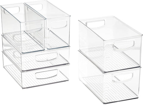 iDesign 6-Piece Recycled Plastic Small Stackable Kitchen Organiser Various Sizes, Clear- used good, 1 big bin misshapen a few scratches open scruffy box