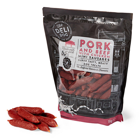 The Deli Dog Mini Sausages Treats Pork, Beef with Chicken 1kg- best before 04/25 (ref TB4-1)