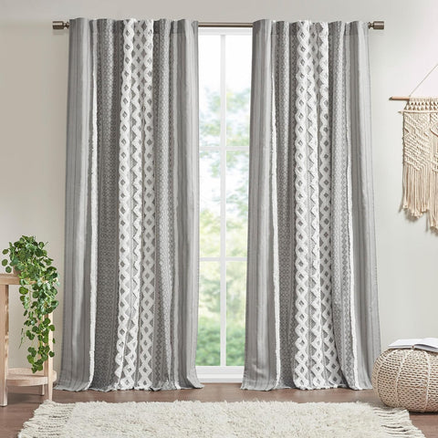 INK+IVY Imani Cotton Geometric Print, Single Panel Window Curtain, Fits up to 1.25" Diameter Rod, 50" x 84", Grey - used very good like new, wash before use