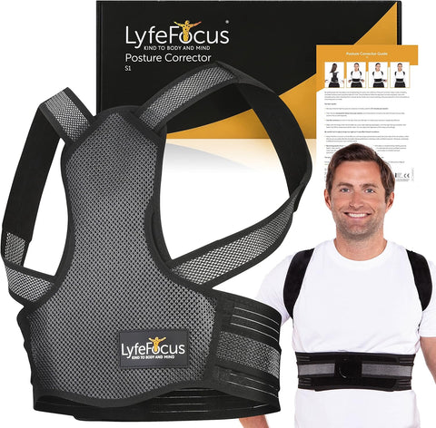 LyfeFocus S1 Back Posture Corrector (Black, Medium) condition new, open, damaged box