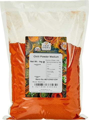 Old India Chilli Powder Medium 1 Kg, best before 21/02/26, damaged bag, sealed