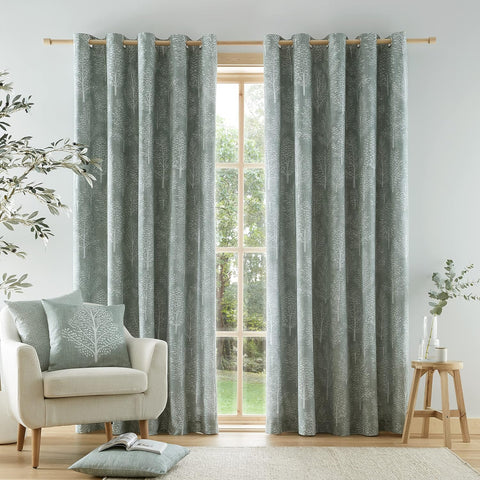 Catherine Lansfield Alder Trees Cotton 66x54 Inch Lined Eyelet Curtains Two Panels Sage Green, new/pack has been opened