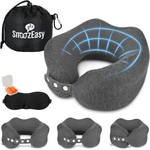 SnoozEasy™ Travel Pillow for Adults with Eye Mask, Ear Plugs, Carry Bag & Carabiner Clip -new but open scruffy box