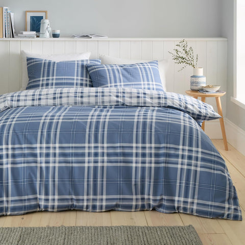 Catherine Lansfield Kelso Check Reversible Single Duvet Cover Set with Pillowcase Blue- new but open packaging