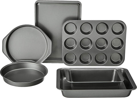 Amazon Basics 6-Piece Nonstick Bakeware Set, Used- very good, 1 tray is marked, open, scruffy box