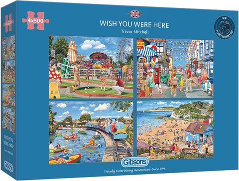 Wish You Were Here | 4 x 500 Piece Jigsaw Puzzles, new but open-scruffy box