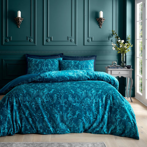 Catherine Lansfield Bridgerton Regal Birds Soft Velvet Double Duvet Cover Set with Pillowcases Teal Green- used very good, like new wash before use