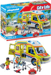 Playmobil City Life Ambulance toy playset, Used- good, stretcher wheel broken, couple of accessories missing, broken, scruffy box