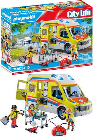 Playmobil City Life Ambulance toy playset, Used- good, stretcher wheel broken, couple of accessories missing, broken, scruffy box
