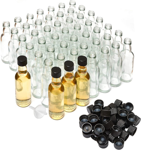 Better Bottles Mini Liquor Bottles 50 Pack, Small Reusable Glass Tasters Black Screw-On Top- new but 2 bottles missing, 4 lids missing, scruffy box