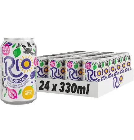 Rio Tropical Original Fizzy Drinks Cans x17 cans only , some slightly dented ,  broken, scruffy packaging , best before 02/25