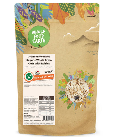 Wholefood Earth Granola No added Sugar - Whole Grain Oats with Raisins 500 g best before 11/24