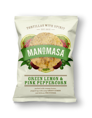 Manomasa Green Lemon & Pink Peppercorn Tortilla Chips 140g- best before 14/04/24-scuffy pack- (Ref T1)