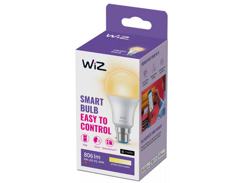 Wiz Smart Bulb 60W A60 B22, Dimmable, warm white, condition new, open, scruffy box