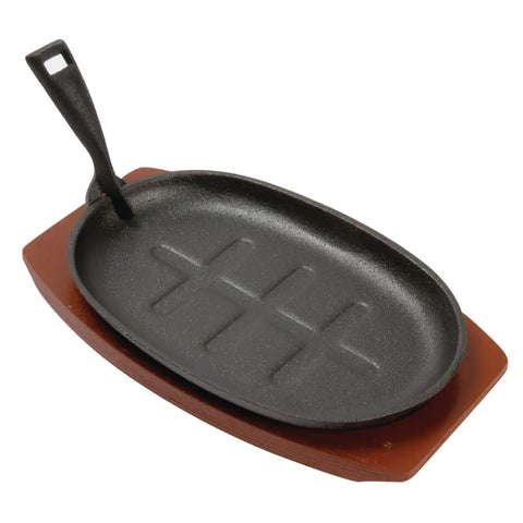 Olympia Cast Iron Oval Sizzler with Wooden Stand 280mm, New but handle has a broken piece