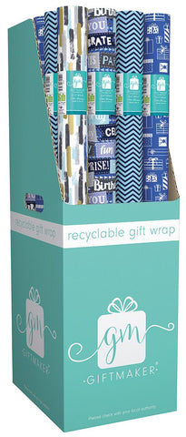 1 x Giftmaker Male Mix Recyclable Gift Wrap 3m, from 4 x assorted designs