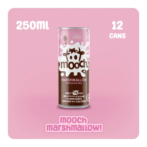 Mooch Marshmallow Chocolate Milk 250ml x 12 Pack- best before 09/25- scruffy pack, may be some dented cans