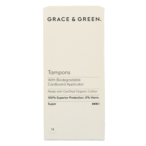 Grace & Green Organic cotton applicator tampon, super, 14pcs, box may come slightly damaged (REF B84, E158, E399, T14-1, T03-2, T3-5)