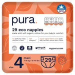 Pura Premium Eco Baby Nappies Size 4 (7-18kg) 29 Nappies, slightly scruffy packaging