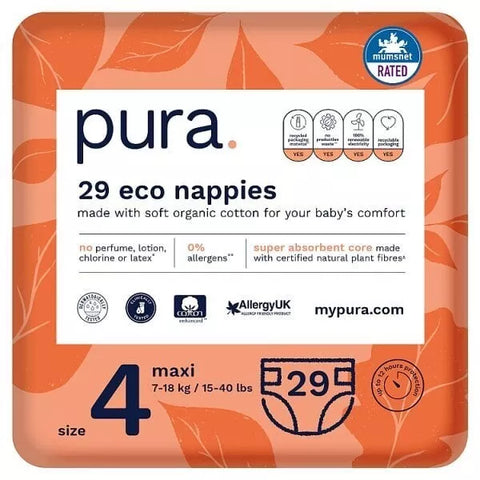 Pura Premium Eco Baby Nappies Size 4 (7-18kg) 29 Nappies, slightly scruffy packaging