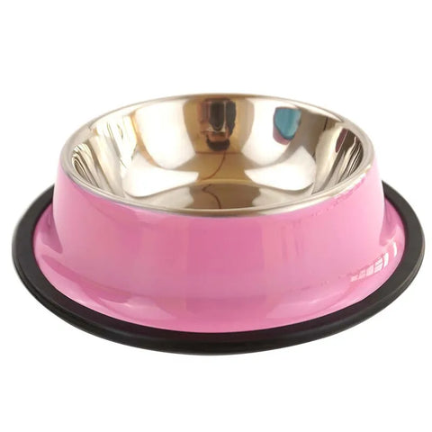 Small Stainless Steel Metal Non Slip Dog Puppy Pet Feeding Food Water Bowl Pink color- (Ref E148)