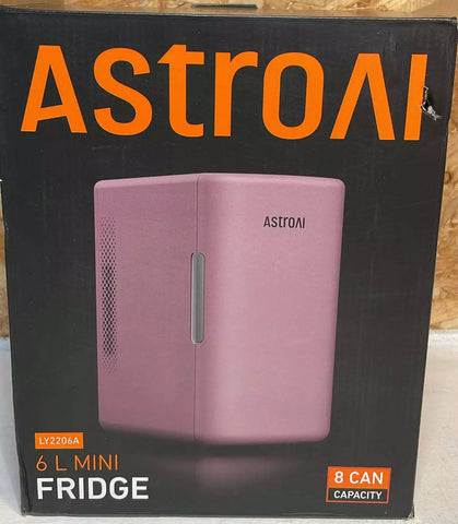 AstroAI Mini Fridge 6 Litre / 8 Can (Rose Pink) condition new, tested, open, scruffy box