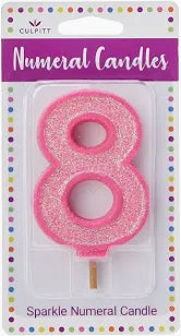 Culpitt Sparkle Numeral Candle - Pink - 8, scruffy pack (Ref T02-4)