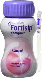 nutricia fortisip compact, strawberry flavour, 125ml best before 04/25, dirty bottle