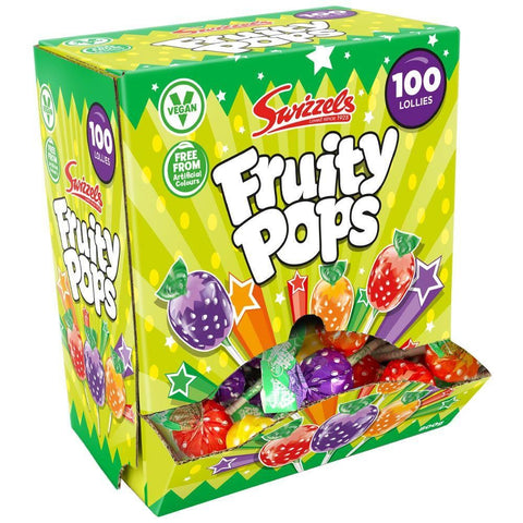 Box of Swizzels - Fruity Pops Lollies - Vegan - 100 x 8g - Damaged box open and taped- best before 31/07/25